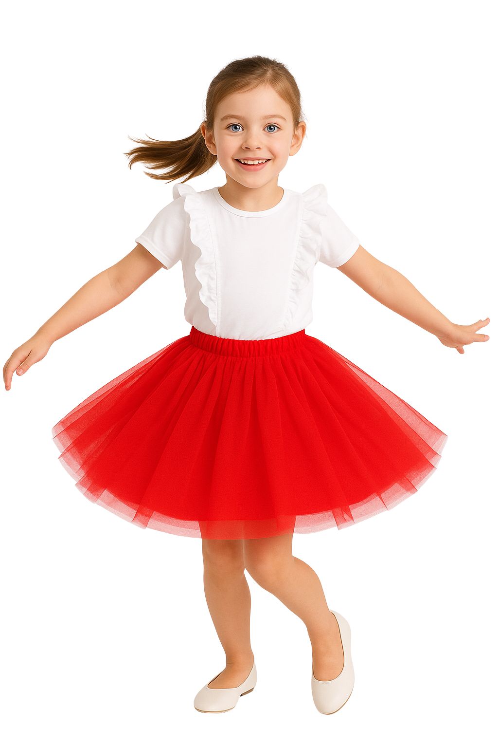 Dziewczynka około siedmiu lat tańczy z uśmiechem, ubrana w białą koszulkę z falbankami i czerwoną tiulową spódniczkę. Ma niebieskie oczy, brązowe włosy związane w kucyk i białe baleriny. Zdjęcie wykonane na jasnym, jednolitym tle.