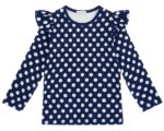 Granatowa bluzka dziewczęca w białe kropki z długim rękawem i falbankami na ramionach, bawełna 95%, produkt polski z certyfikatem OEKO-TEX