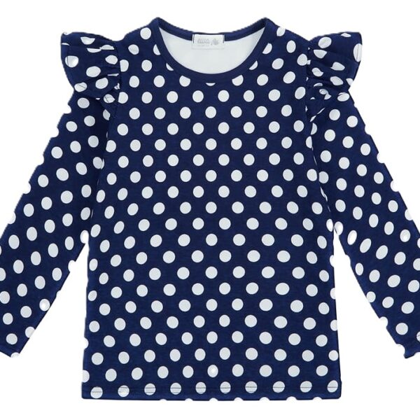 Granatowa bluzka dziewczęca w białe kropki z długim rękawem i falbankami na ramionach, bawełna 95%, produkt polski z certyfikatem OEKO-TEX